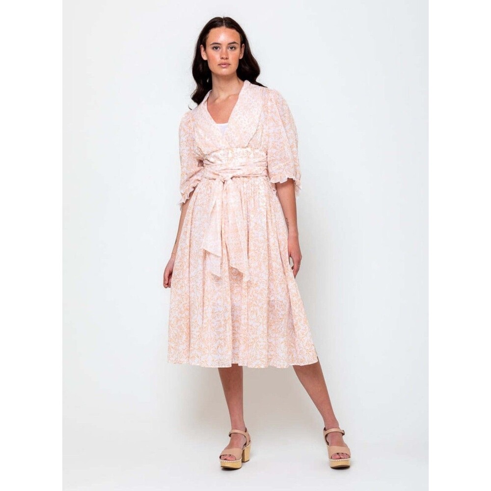 Thierry Colson Zorah Midi Dress Size M NWT Cotton Gauze Tie Waist Puff Sleeve